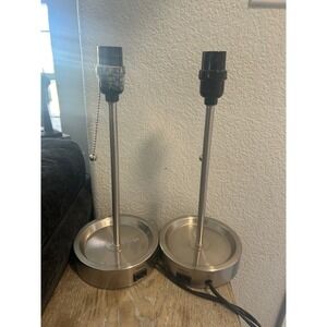 Pair of Brushed Nickel Table Lamp Bases with Built-in AC Outlet Pull Chain 2pk